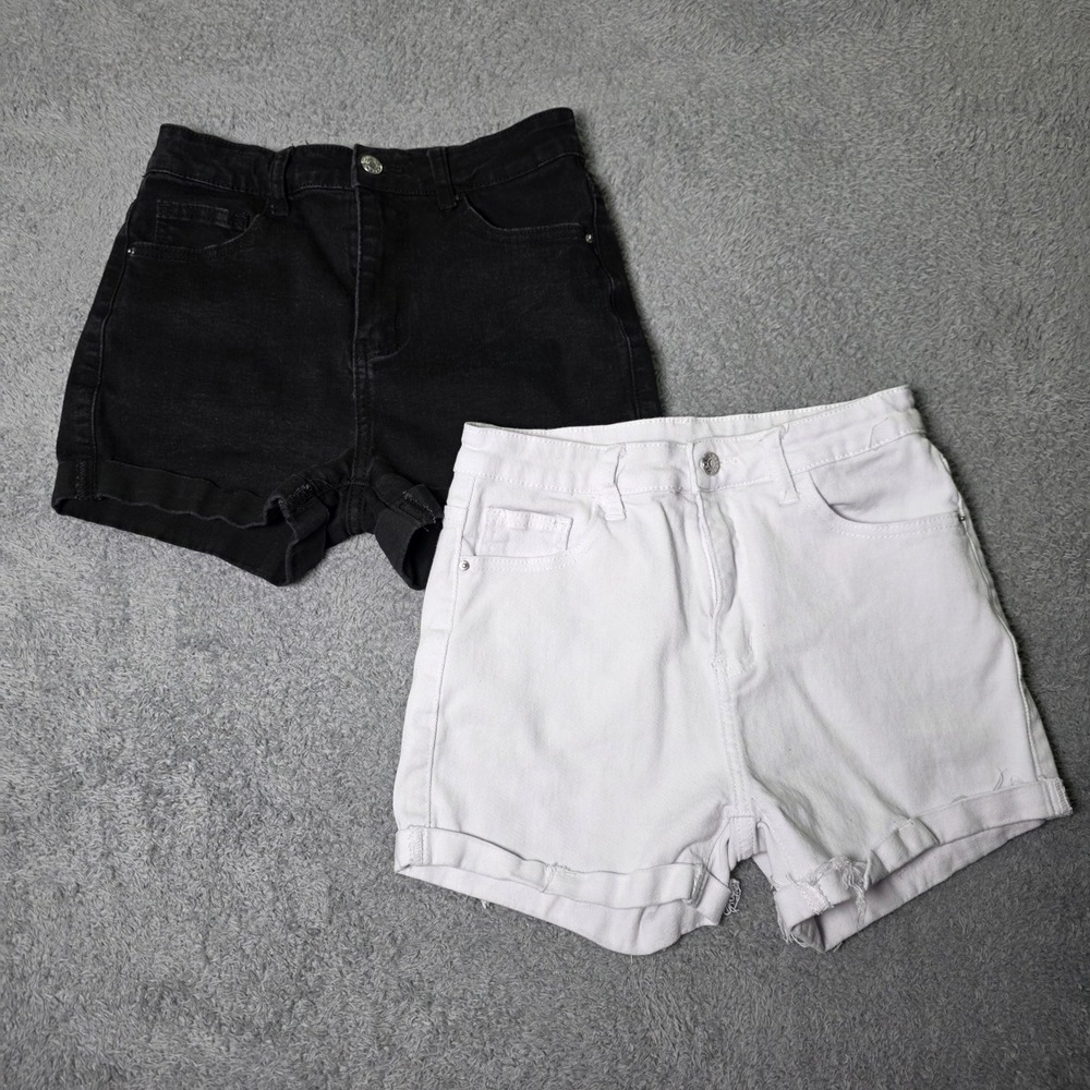 SHEIN Womens Size M 6 Denim Shorts Black White High Waisted Cuffed Lot of 2